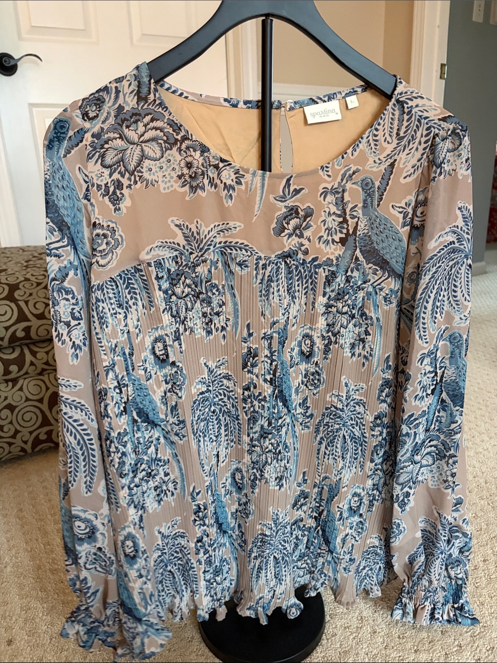 Spartina 449 Blue and Tan Floral Pleated Long-Sleeve Blouse